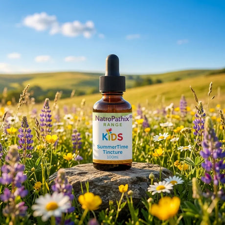 Kids SummerTime Tincture bottle on a stone in a sunlit wildflower meadow, herbal seasonal support for hay fever in children