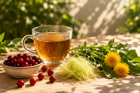 Glass of herbal tea with cranberries, corn silk and dandelion on a sunlit wooden table, natural support for urinary health in summer