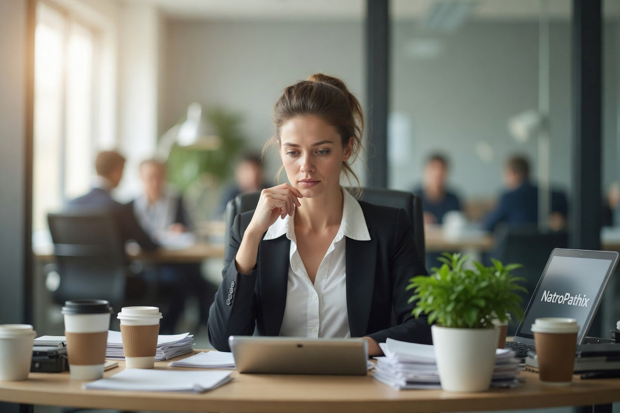 High functioning professional woman showing signs of emotional flatness and burnout at work