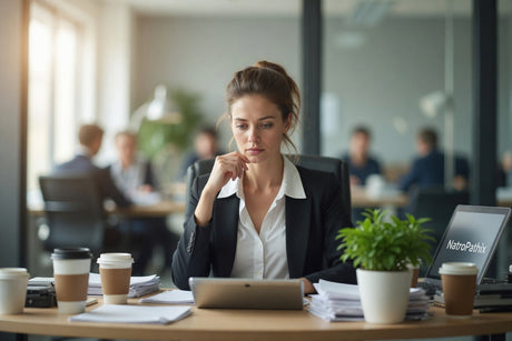 High functioning professional woman showing signs of emotional flatness and burnout at work