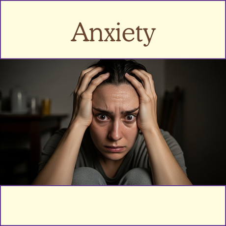 A worried woman holds her head, looking anxious, with "Anxiety" written above her.