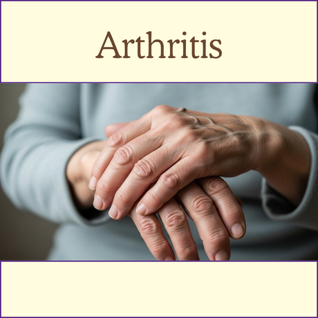 Close-up of hands with visible swelling, showing arthritis symptoms; "Arthritis" text above.