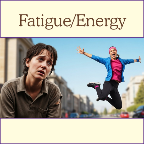 Split image: tired woman on the left, energetic woman jumping on the right, labeled "Fatigue/Energy.