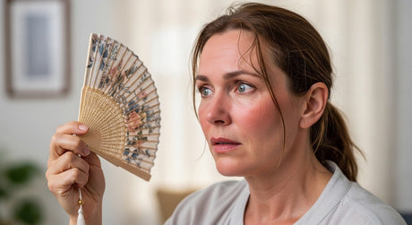 Woman fanning herself with a wooden fan while touching her neck, eyes closed, looking overheated or unwell.