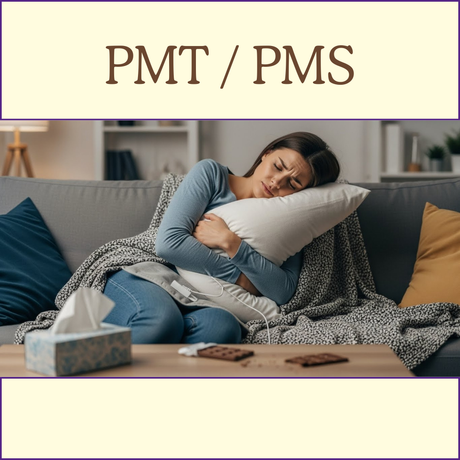 Woman sitting on a couch, hugging a pillow, looking uncomfortable, with "PMT / PMS" text above.