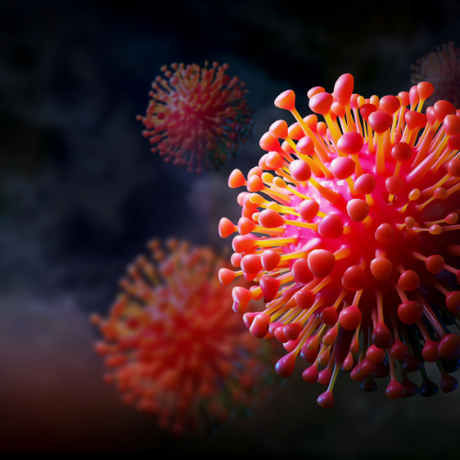 Close-up of red and orange virus particles with spiky surfaces floating against a dark, blurred background.