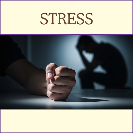 A clenched fist on a table with a person sitting in the background, head in hand, under the word "STRESS.