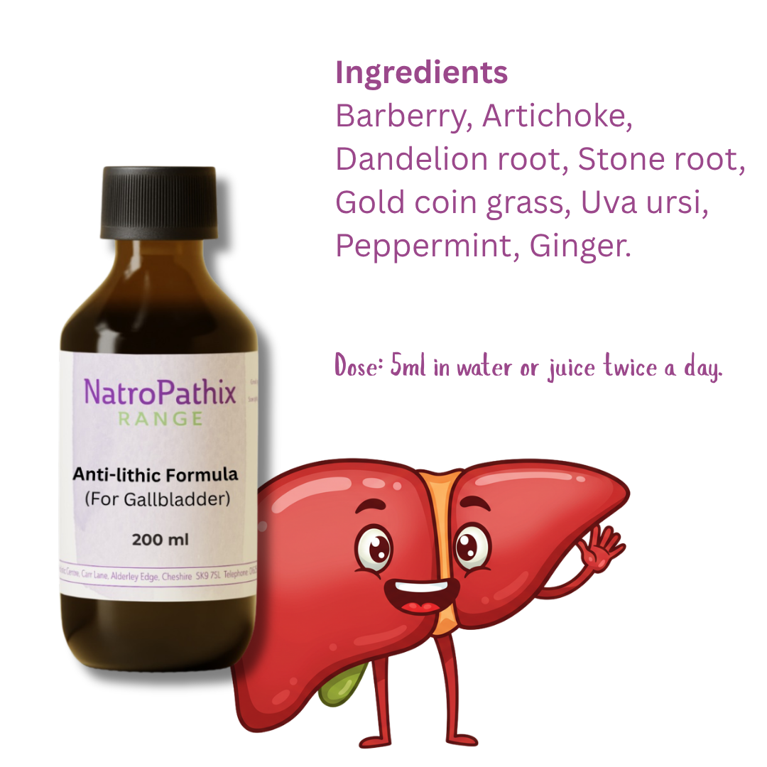 A bottle of Gallbladder Antilithic Tincture (200/300ml) with a smiling liver illustration, herbal ingredient list, and a note highlighting support for gallbladder health and healthy bile flow.