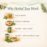 Illustrated guide showcasing four benefits of Birthing Tea - 100 gms: easy to absorb, gentle, portable, and versatile—ideal for preparing for birth or enjoying as a soothing uterine tonic during pregnancy.