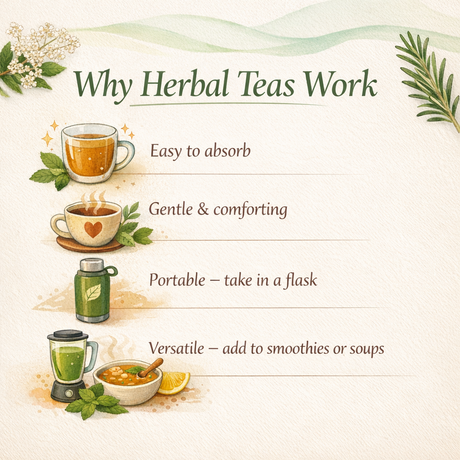 Illustrated guide showcasing four benefits of Birthing Tea - 100 gms: easy to absorb, gentle, portable, and versatile—ideal for preparing for birth or enjoying as a soothing uterine tonic during pregnancy.