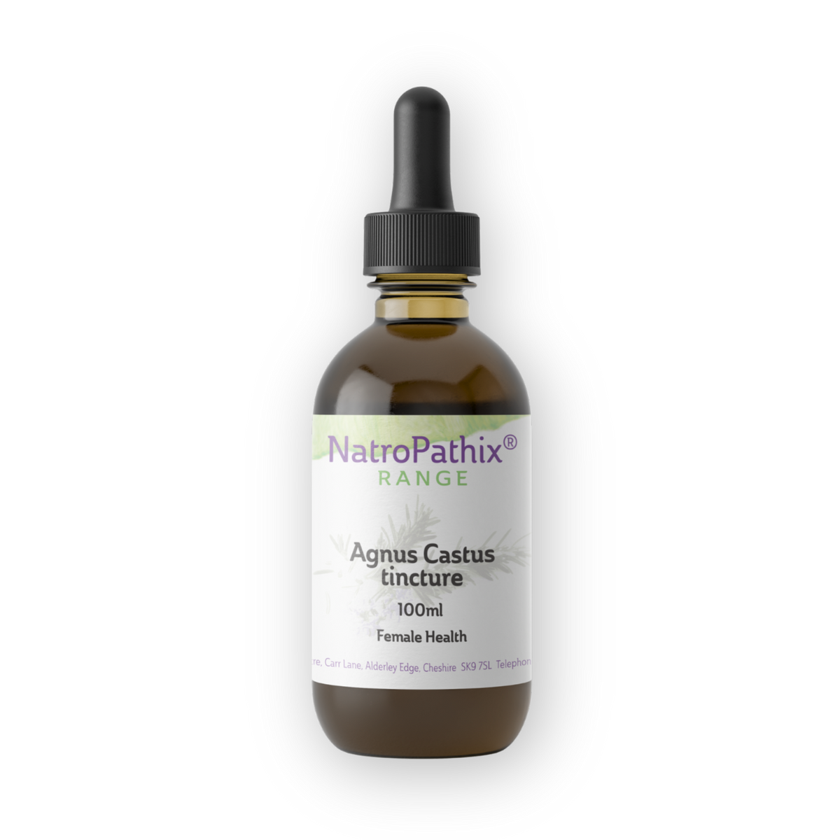 A brown glass dropper bottle labeled “Agnus Castus tincture - 100ml,” formulated to support female hormone balance and offer natural PMS relief.
