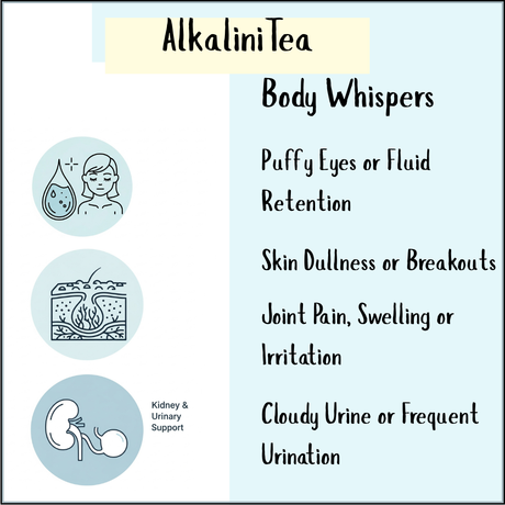 AlkaliniTea - 100gms infographic highlights signs such as puffy eyes, skin breakouts, joint pain, and cloudy urine—learn how this diuretic herbal formula may help detoxification and support healthy pH balance.