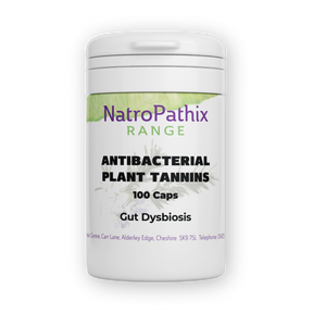 White bottle labeled "Plant Tannins, Anti-bacterial - 100 veg caps" with powerful antibacterial herbs, ideal for parasite cleanse and gut health support.