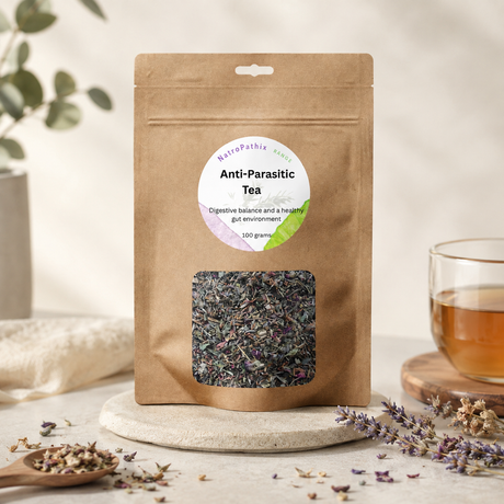 A kraft paper stand-up pouch of BioToPathi Anti-Parasitic Tea, displayed on a stone coaster next to a glass of brewed tea with dried herbs and lavender sprigs.