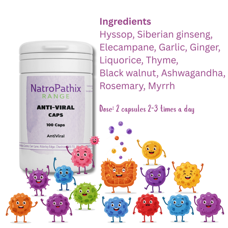 A bottle of Anti-Viral Herbs - 150 Capsules sits among colorful cartoon germs and microbes, highlighting immune system support.