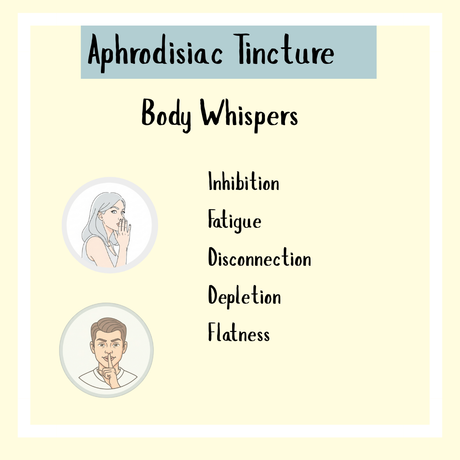 The chart titled "Aphrodisiac Formula for Women - 100ml" lists signs like inhibition, fatigue, disconnection, depletion, and flatness—common reasons women seek an herbal sex tonic or libido booster.