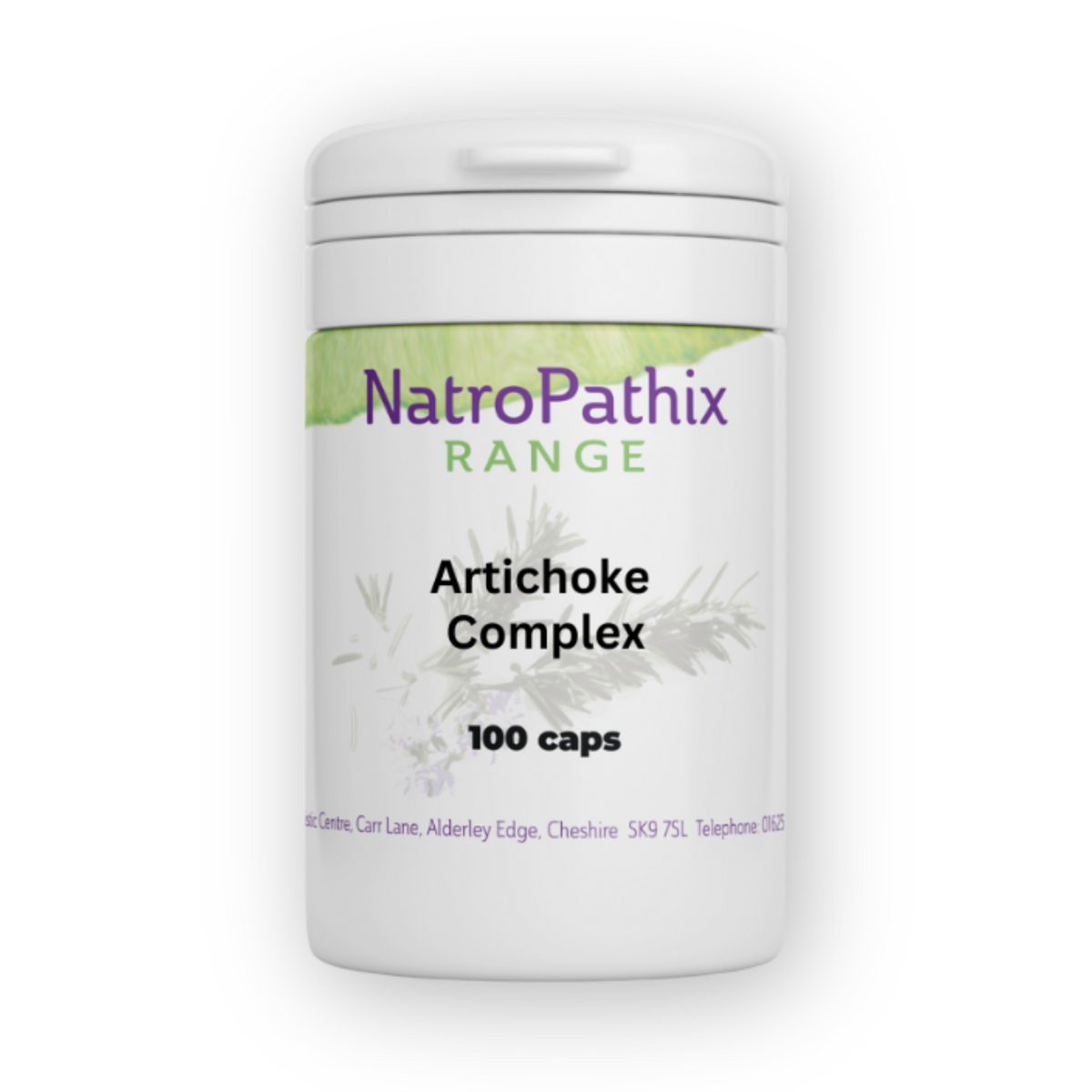 White bottle labeled "Artichoke Complex - 100 Capsules" with green and purple accents; designed to support liver health and digestion.