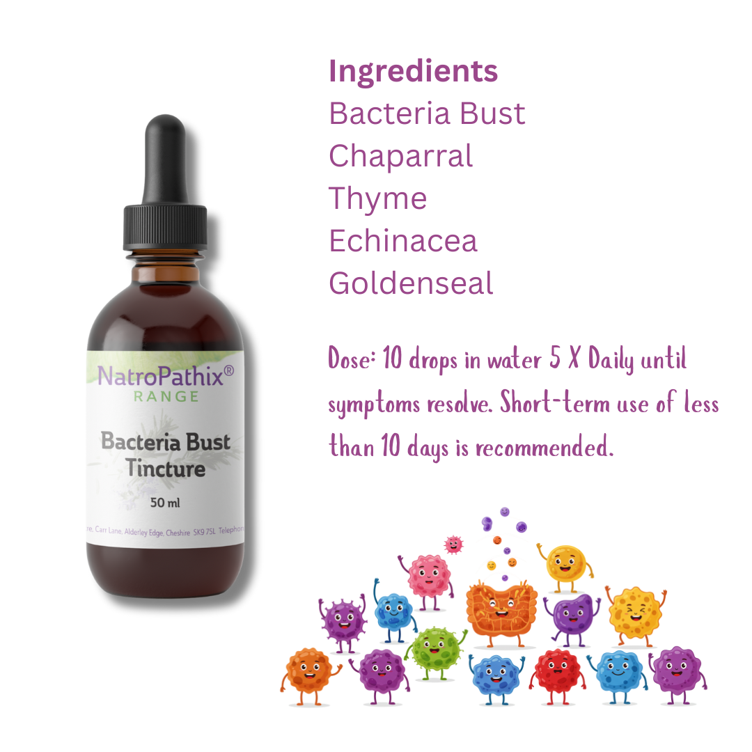 A 50ml bottle of Bacteria Bust herbal tincture, shown with ingredients and cartoon bacteria below—your natural remedy for fighting infections.