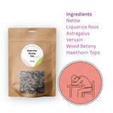 A 100g pack of Beat-The-Slump Tea with text on it and a person sleeping in the background, emphasizing natural energy and relaxation.