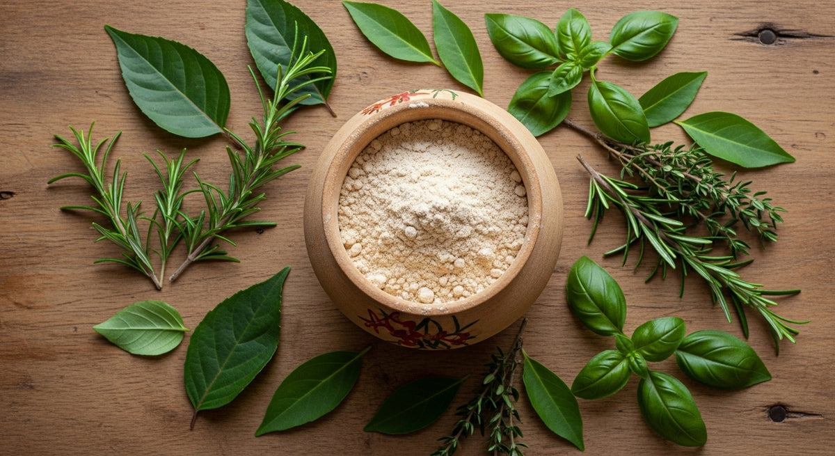 A wooden bowl of Cough-Ease Powder - 100g, an herbal remedy for dry cough relief, sits on a wooden table surrounded by fresh basil, rosemary, and bay leaves.