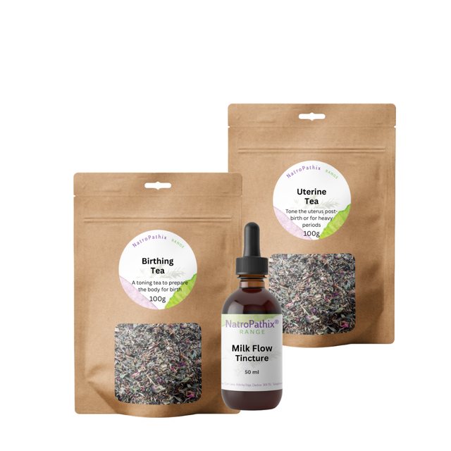 The Birthing Kit Combination includes two brown tea pouches labeled Birthing Tea and Uterine Tea for uterine health, plus a Milk Flow Tincture bottle.