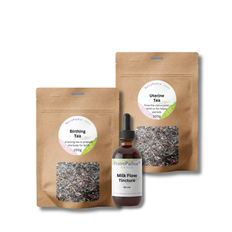 The Birthing Kit Combination includes two brown tea pouches, "Birthing Tea" and "Uterine Tea," plus a bottle of Milk Flow Tincture for comprehensive uterine health support.
