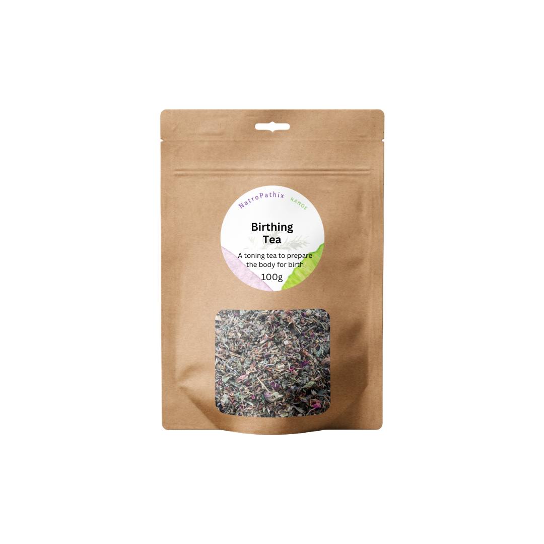 A brown pouch labeled "Birthing Tea - 100 gms" shows loose herbal tea through a clear window at the bottom; this pregnancy tea is crafted to help prepare for birth and support your wellness journey.