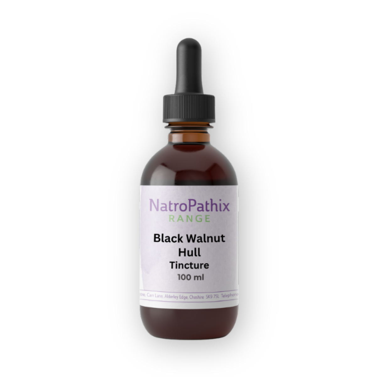 A brown dropper bottle labeled "Black Walnut tincture - 100ml" on a white background, perfect for those looking for a natural antiparasitic or parasite cleanse.