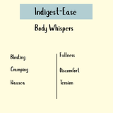 Text graphic titled "Indigest-Ease Body Whispers" lists bloating, cramping, nausea, fullness, discomfort, and tension—spotlighting Indigest-Ease Tincture - 100 ml as a natural herbal option for gentle acidity relief.