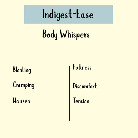 Text graphic titled "Indigest-Ease Body Whispers" lists bloating, cramping, nausea, fullness, discomfort, and tension—spotlighting Indigest-Ease Tincture - 100 ml as a natural herbal option for gentle acidity relief.