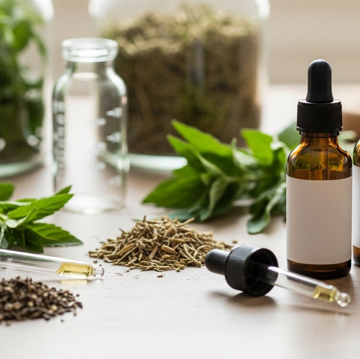 Herbal remedies with bottles and droppers on a wooden surface