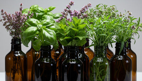 Herbs in glass bottles on a light background