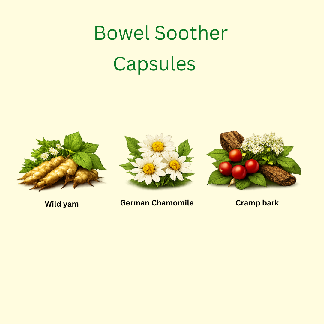 Three illustrated herbs—Wild Yam, German Chamomile, and Cramp Bark—appear under the title "Bowel Soother - 100 Caps," highlighting natural IBS support and relief from abdominal cramps.