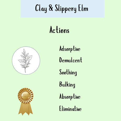 Clay & Slippery Elm Powder acts as a colon detox and gastrointestinal purifier, supporting heavy metal removal, with a leaf illustration and quality seal—all detailed on a light green background.