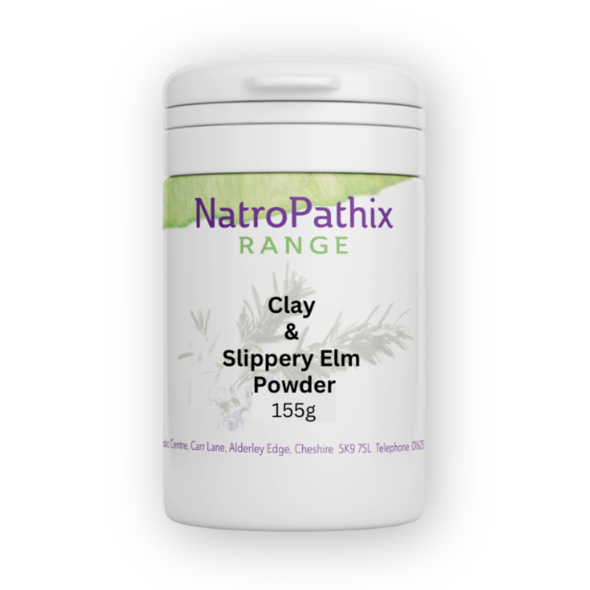White container labeled "Clay & Slippery Elm Powder, 155g" in green and purple text, designed to support colon detox and gastrointestinal tract health.