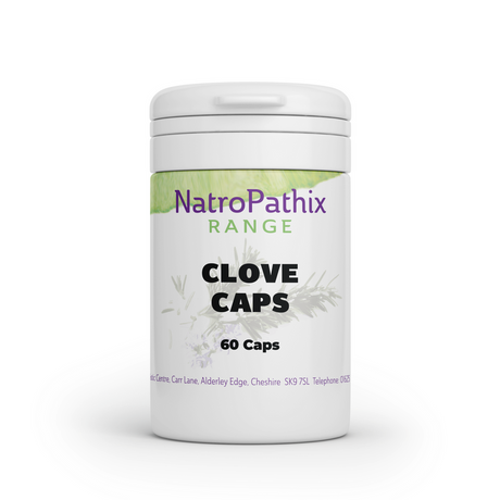White bottle labeled "Clove - 120 capsules" with a green and purple design, ideal as an antioxidant supplement. These Clove capsules may support a parasite cleanse for overall wellness.