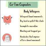 Co-Ton Original - 100 Caps: Infographic on constipation signs—like infrequent or hard stools—plus reducing bloating and headache relief after bowel movements.