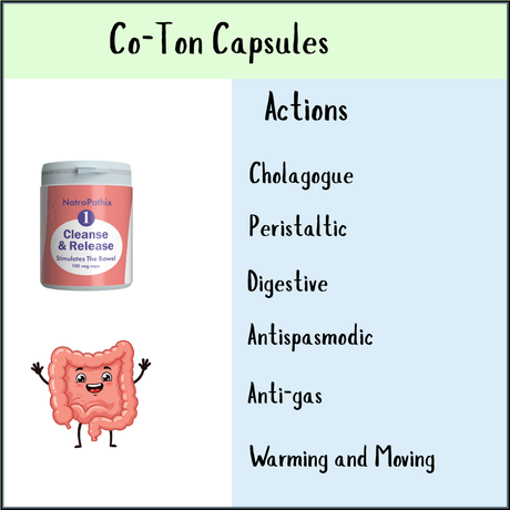 A bottle of Co-Ton Original - 100 Caps, a smiling cartoon intestine, and action points promoting healthy bowel movements on a blue background.