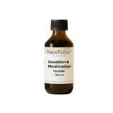 A brown bottle labeled "Dandelion & Marshmallow Formula - 200/300ml" sits on a white background, formulated for liver tonic and kidney support.