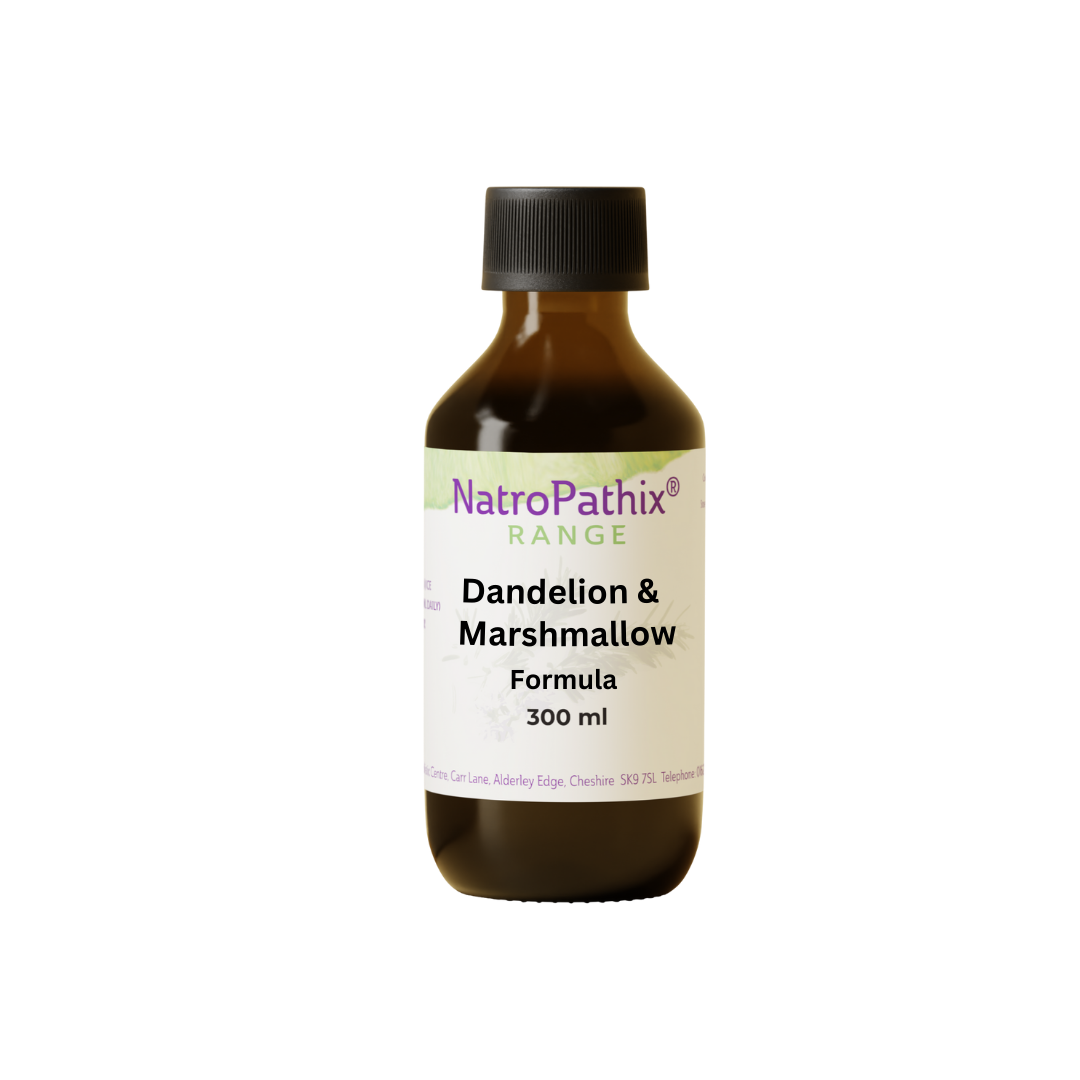 A brown bottle labeled "Dandelion & Marshmallow Formula - 200 ml & 300ml" sits on a white background, offering natural urinary tract support and kidney detox benefits.