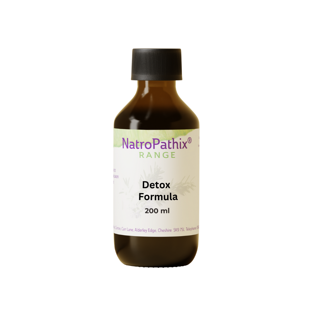 A brown bottle labeled "Detox Formula - 200ml" with a black cap sits on a white background, featuring an herbal tincture designed for liver support and gall bladder detox.