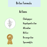 Detox Formula - 100 / 200 / 300ml: This herbal tincture provides liver and gall bladder support with cholagogue, hepatoprotective, alterative, bitter, decongestive, and spasmolytic actions for effective detoxification.