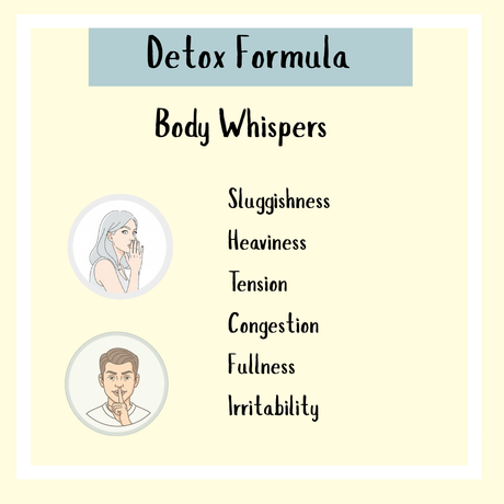 List titled "Detox Formula - 100 / 200 / 300ml" with illustrated people and symptoms like sluggishness and irritability, emphasizing liver support and a gentle gall bladder detox.