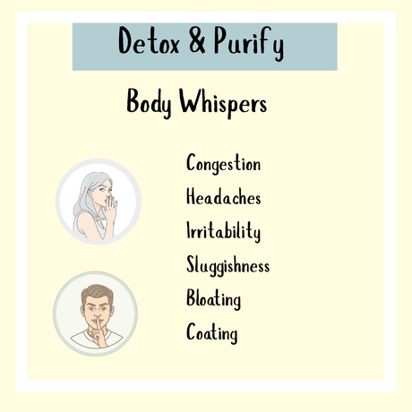 The "Detox & Purify Formula - 200ml" infographic lists symptoms like congestion, headaches, irritability, sluggishness, and bloating—showing how this detox cleanse supports the liver and enhances overall wellness.