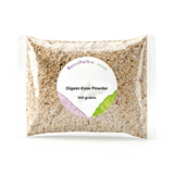 Clear plastic pouch labeled "Digest-Ease Powder," containing 100 grams of beige, coarse Digestive Support Herbal Powder designed to help relieve digestive discomfort and heartburn.