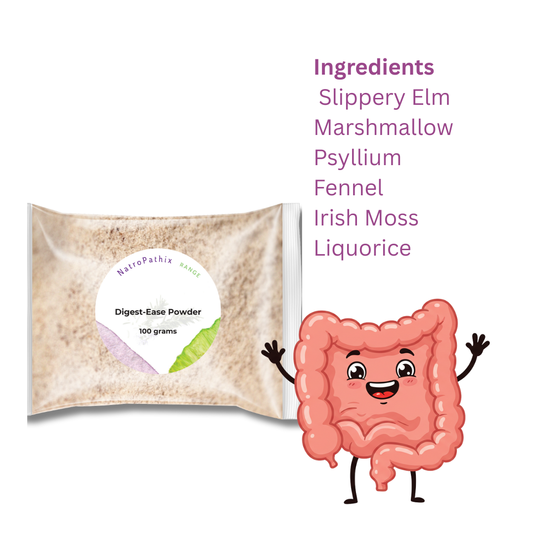 A clear pouch of Digest-Ease Powder sits beside a smiling cartoon intestine and a list of six natural ingredients to support digestion and provide gentle heartburn relief.
