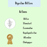 Digestive Bitters - 100ml: Features a list of benefits with a botanical illustration and gold quality award ribbon—perfect for supporting weak digestion and highlighting the classic bitter tonic’s advantages.