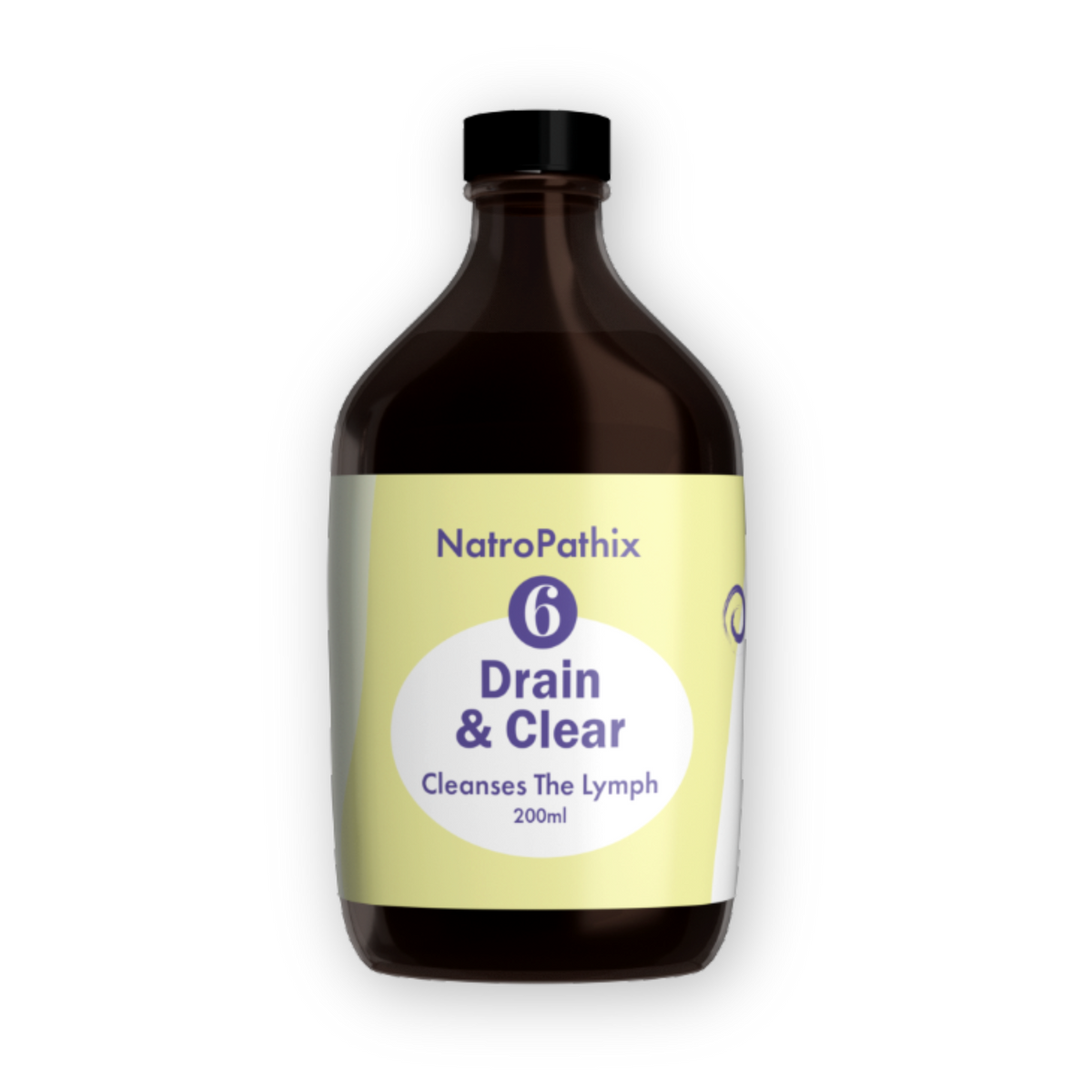A brown bottle labeled "Drain & Clear Formula - 200ml" on a light background, designed to support herbal detox and aid lymphatic system cleansing.