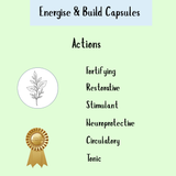 Energise & Build - 60 caps promotes healthy circulation, featuring its benefits alongside a plant illustration and a gold quality badge.