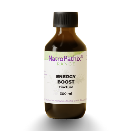A brown bottle labeled "Energy Boost Tincture - 100ml, 200ml & 300ml" with a black screw cap, formulated to provide an energy boost and support healthy blood sugar levels.